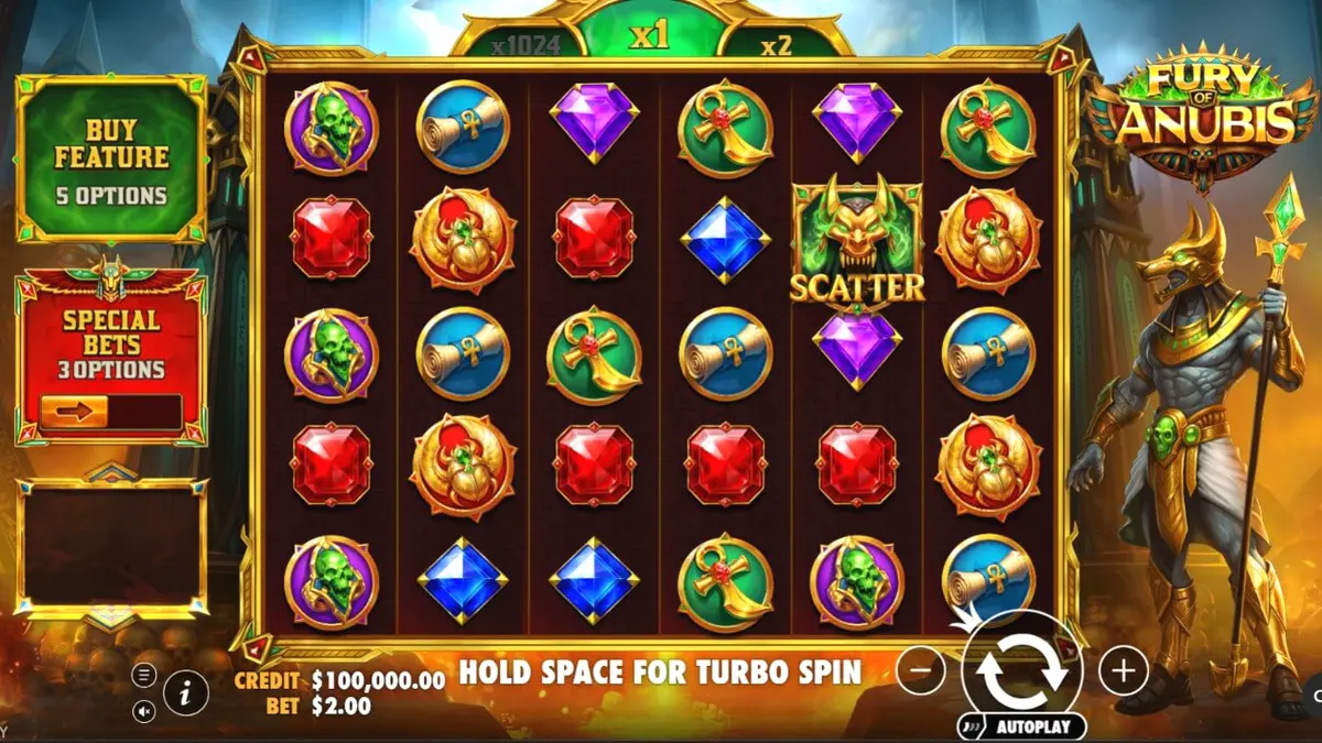 Ang Fury of Anubis slot game na nagpapakita ng madilim na Egyptian tomb at golden symbols sa mobile screen.