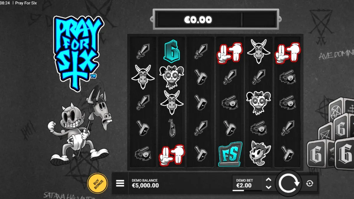 Pray for Six slot machine interface na may gothic at cartoonish na disenyo